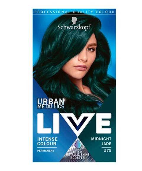 Schwarzkopf Live Urban Metallics U75 Midnight Jade hair colour tube with vibrant metallic teal shade and packaging.