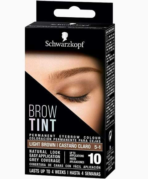 Schwarzkopf Light Brown Brow Tint in a tube, showing the product and applicator for natural-looking eyebrow coloring.