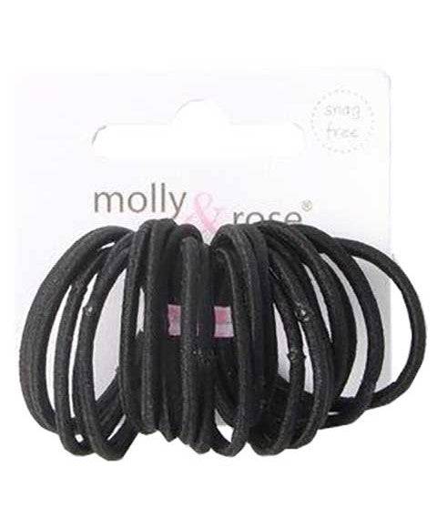 Small black elastic hair bands by Molly And Rose, versatile hair accessories, shown in a close-up image.