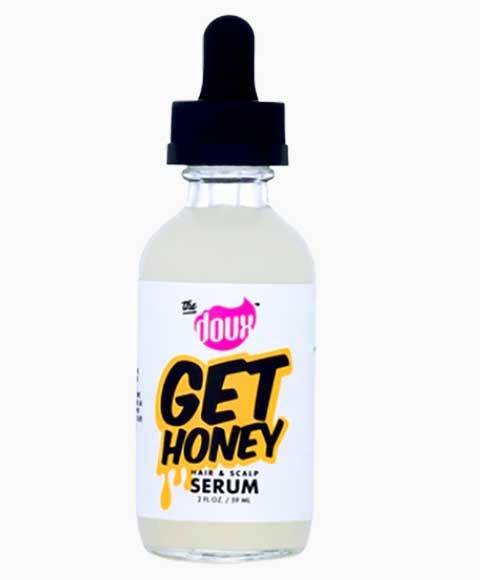 The Doux Get Honey Hair and Scalp Serum bottle showing a sleek design, highlighting its nourishing hair and scalp care formula.