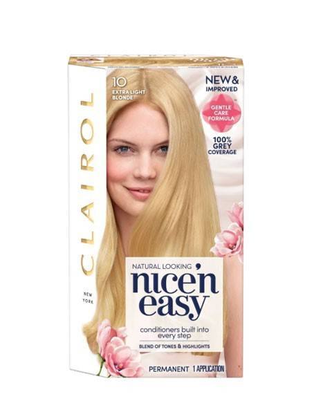 Clairol Nice N Easy permanent hair color and bleach kit with hair color tubes and developer bottles on a white background.