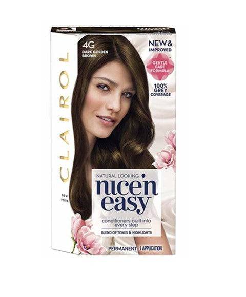 Clairol Nice N Easy Permanent Hair Colour 4G Dark Golden Brown, showing the hair color swatch and packaging.