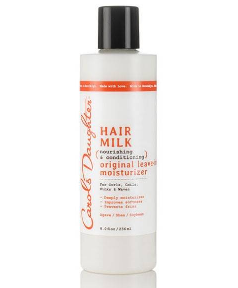 Carols Daughter Hair Milk Original Leave-In Moisturizer for soft, hydrated hair, shown in a pump bottle with a white label.