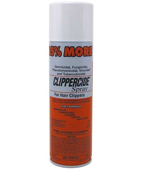 Barbicide Clippercide aerosol spray can for disinfecting barber and salon clipper blades, with a sleek silver and blue design.