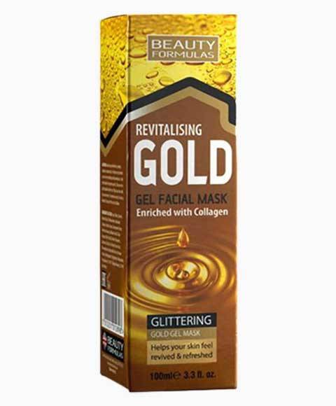 Beauty Formulas Revitalising Gold Gel Facial Mask for skin soothing, with a gold-colored gel texture and calming ingredients.