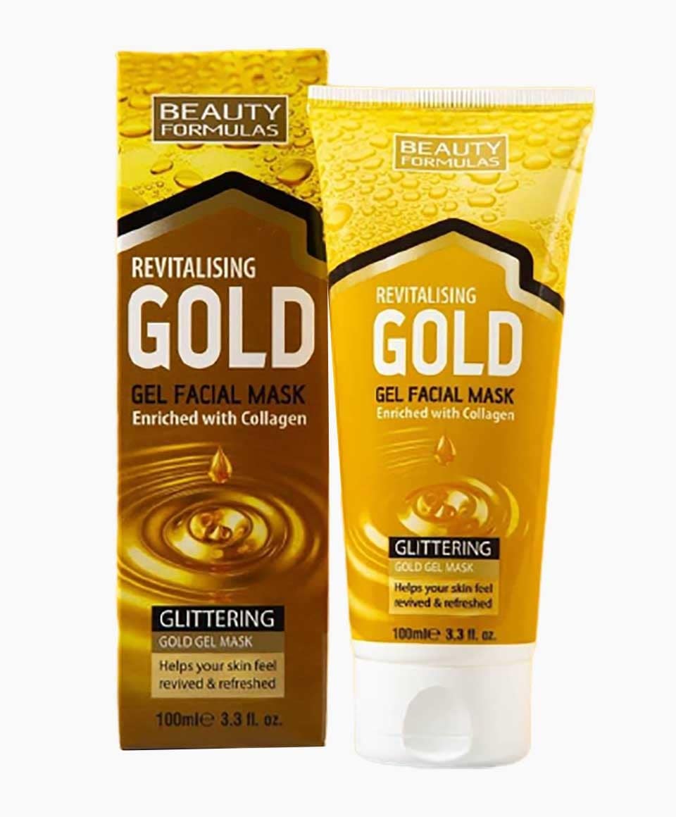 Beauty Formulas revitalizing gold gel facial mask for skin soothing and hydration, with a luxurious gold-infused formula.