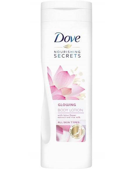 Dove Nourishing Secrets Glowing Ritual Body Lotion in a pump bottle, designed to hydrate and soothe skin.