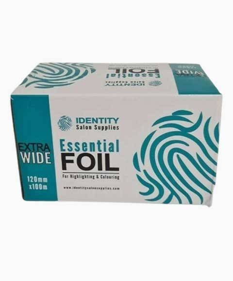 Silver foil roll for salon use, extra wide, from Identity Salon Supplies, shown as a large sheet of shiny, reflective foil.