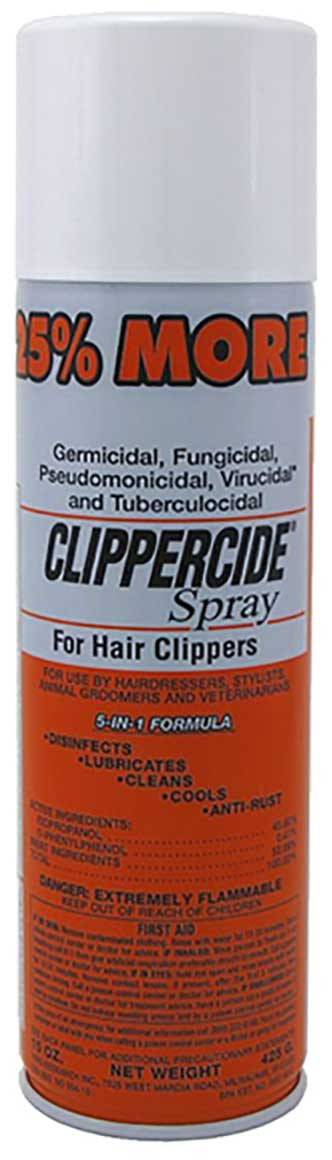 Barbicide Clippercide aerosol spray can for disinfecting hair clippers and salon tools, in a white aerosol container.