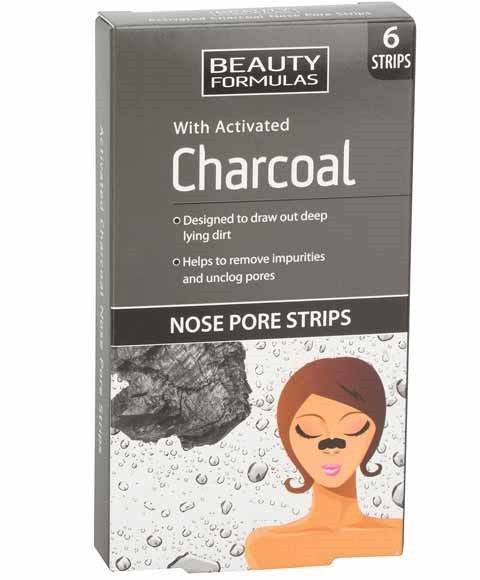 Skin soothing charcoal nose pore strips by Beauty Formulas, showing the strips applied to the nose for deep cleansing and pore refining.