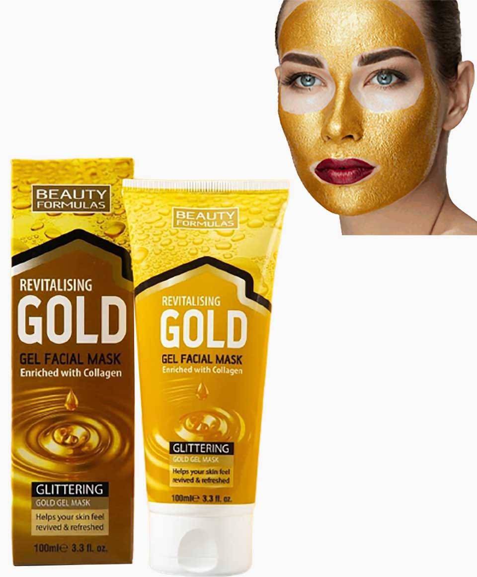Beauty Formulas revitalising gold gel facial mask for skin soothing, showing a gold-colored gel mask in a clear container.