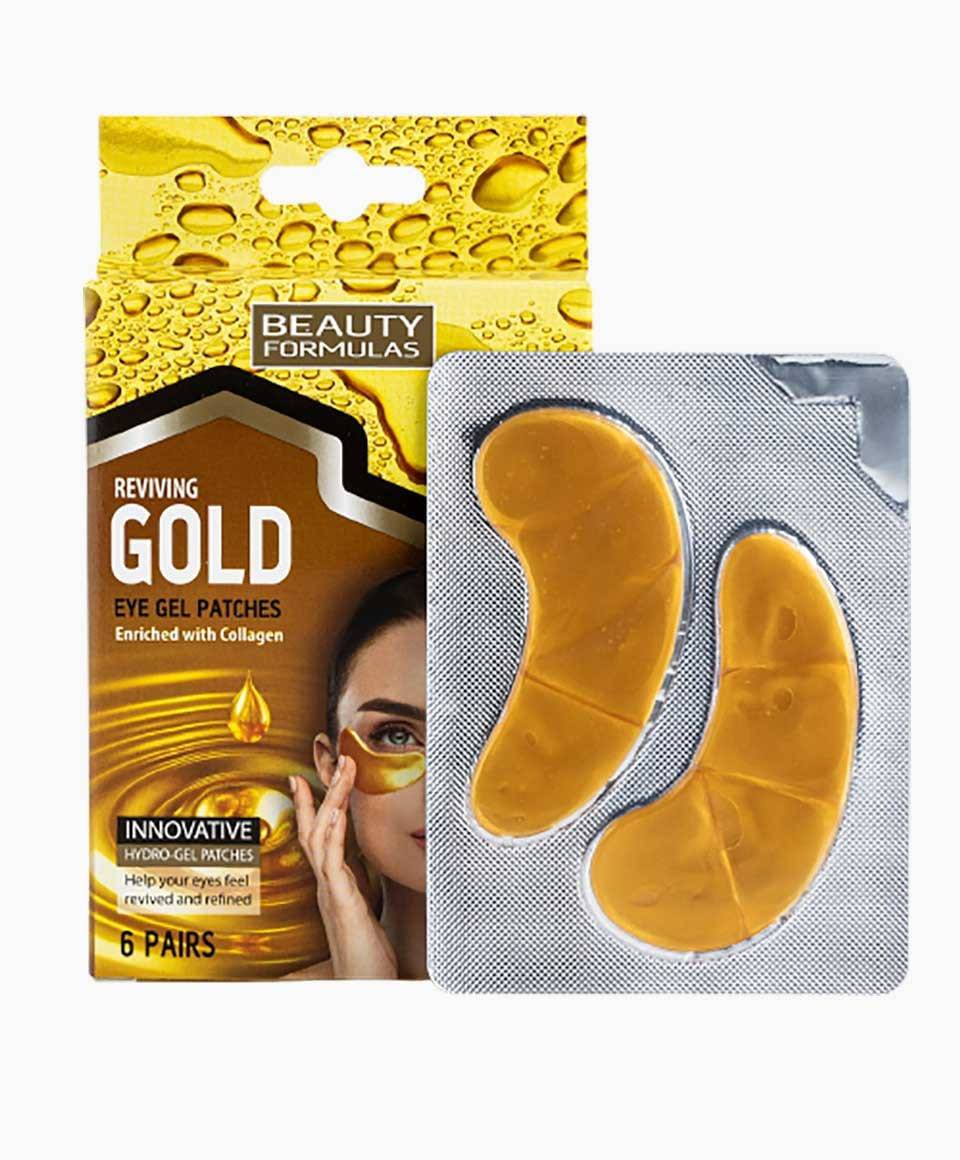 Beauty Formulas Reviving Gold Eye Gel Patches for skin soothing, featuring gold-infused eye masks with a cooling, hydrating application.
