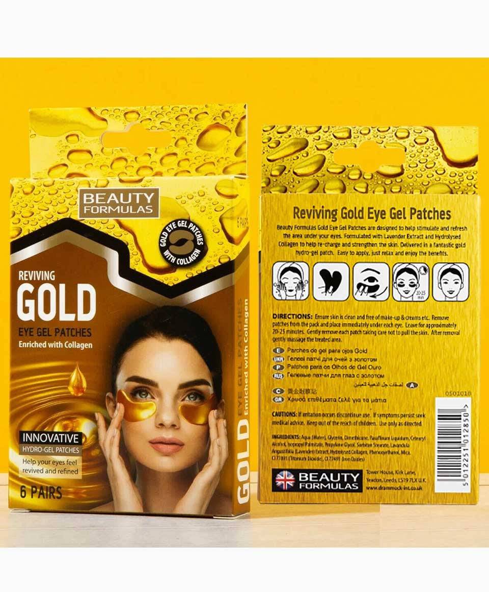Beauty Formulas Reviving Gold Eye Gel Patches for skin soothing, showing gold-colored patches on a clean skin surface.