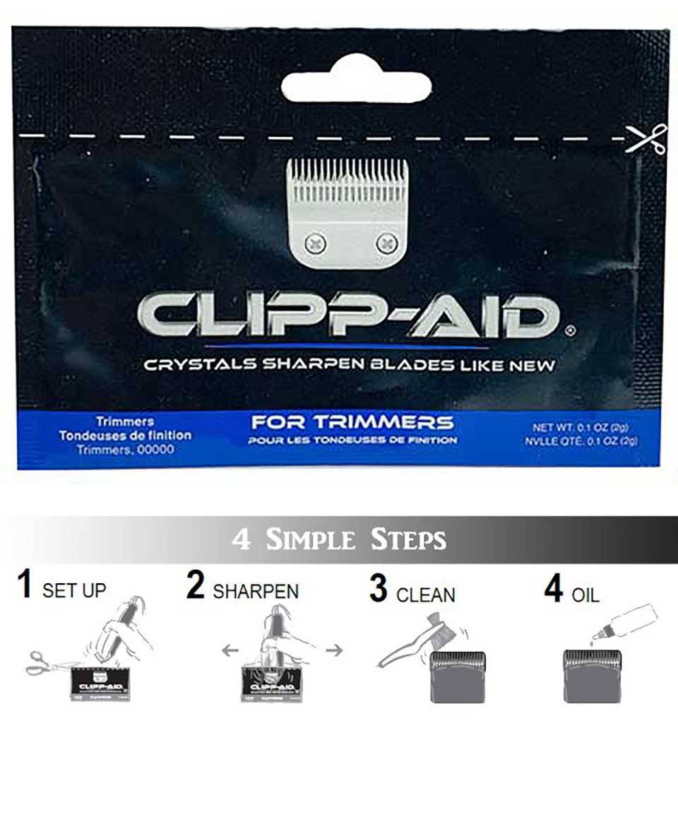 Clipp Aid salon accessory for sharpening trimmer blades, showing crystal sharpening tools for restoring blade sharpness.