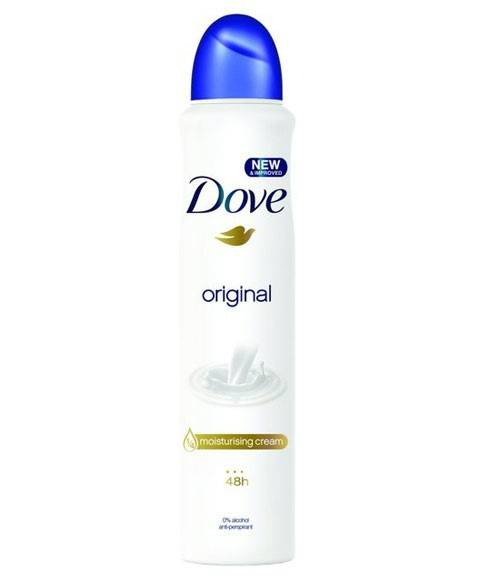 Dove Original 48H Moisturising Anti-Perspirant Spray for women, showing the spray bottle with moisturizing cream formula.
