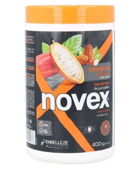 Novex Super Hair Food Cocoa Plus Almond Deep Hair Mask for nourishing hair treatment, with cocoa and almond ingredients.