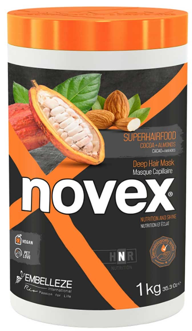 Novex Super Hair Food Cocoa Plus Almond Deep Hair Mask, nourishing hair treatment with cocoa and almond for healthy, shiny hair.