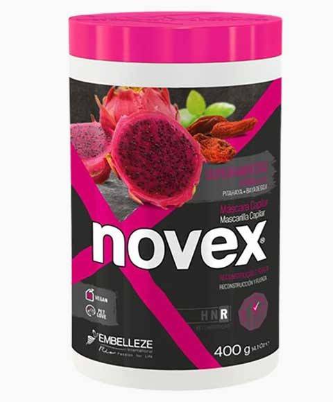 Novex Super Hair Food Pitaya Plus Goji Berry Deep Hair Mask for nourishing hair treatment, shown in a jar with vibrant ingredients.