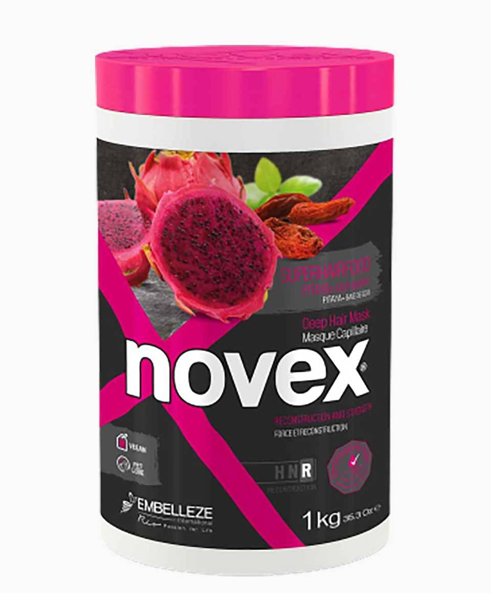 Novex Super Hair Food Pitaya Plus Goji Berry deep hair mask in a jar, showing its vibrant pink color and creamy texture for nourishing hair.