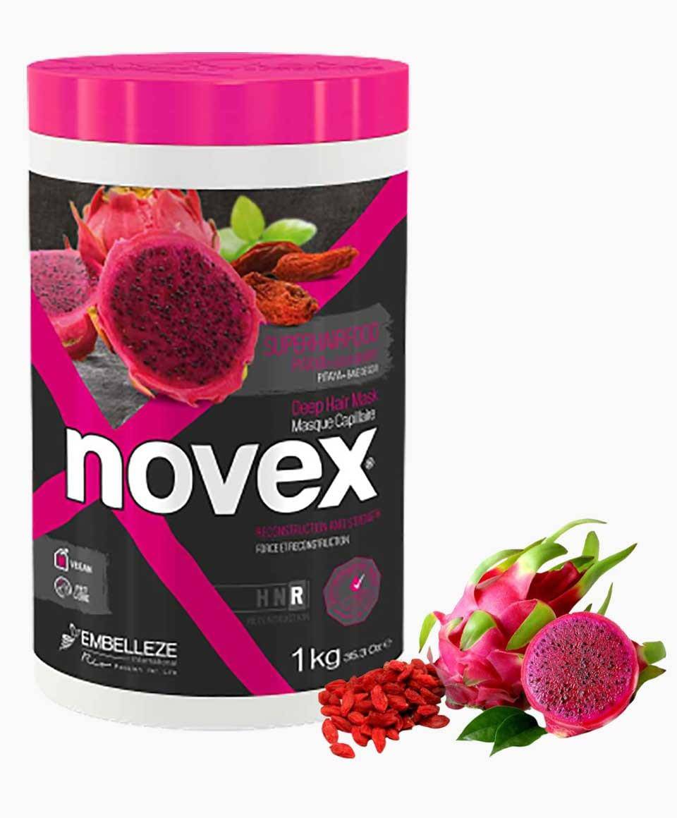 Novex Super Hair Food Pitaya Plus Goji Berry deep hair mask in a jar, nourishing hair treatment with vibrant fruit ingredients.