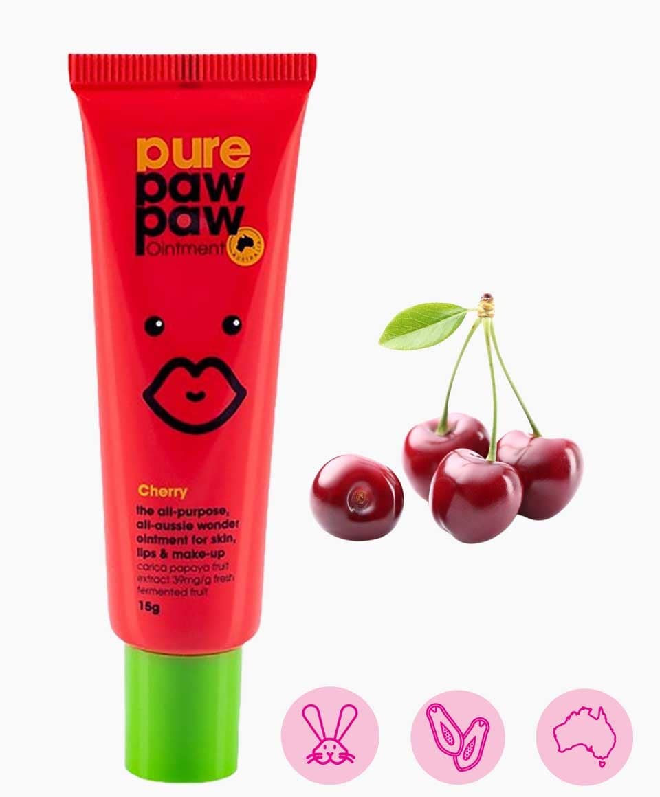 Pure Paw Paw Cherry Lip Care ointment tube with cherry-flavored lip balm, showing bright packaging and product label.