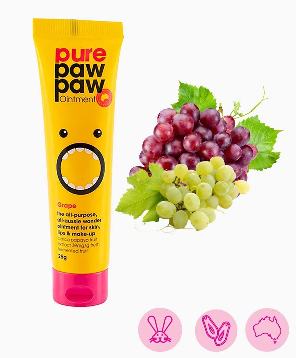 Pure Paw Paw Grape Ointment for lips in a small jar, showcasing its vibrant grape color and smooth texture.