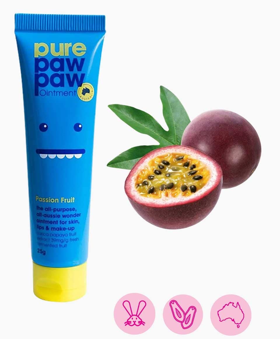 Pure Paw Paw Passion Fruit Lip Care ointment tube showing vibrant packaging with passion fruit flavor design.