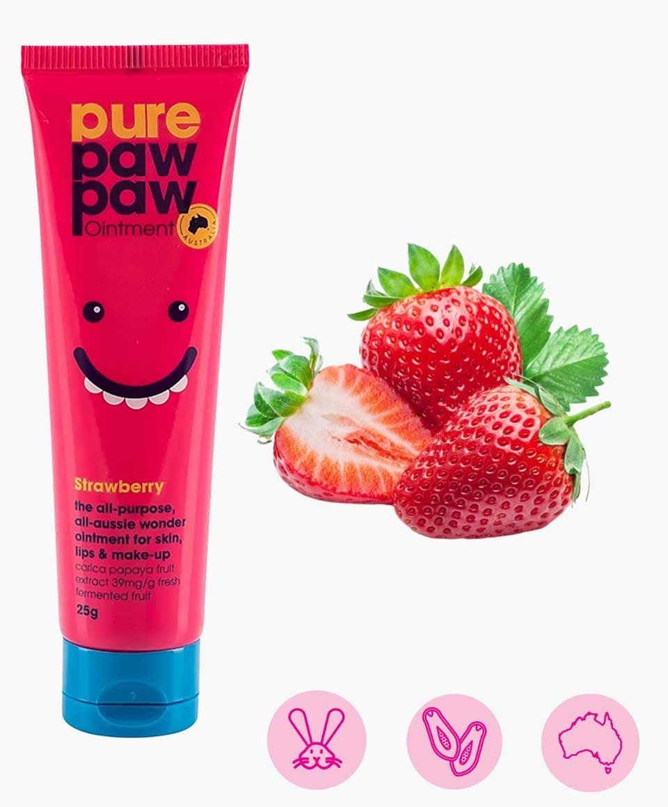 Pure Paw Paw Strawberry Lip Care ointment tube with strawberry flavor and natural moisturizing ingredients.