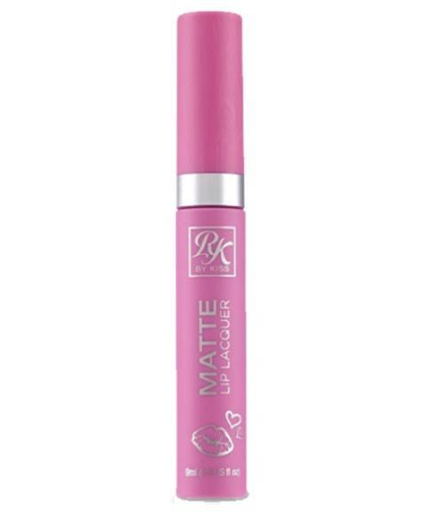 RK By Kiss Matte Lip Lacquer RML08 Think Pink applied on lips, showcasing vibrant pink lip makeup with a matte finish.