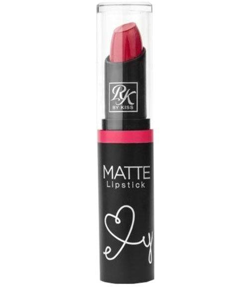 RK By Kiss Matte Lipstick RMLS06 Red Mangrove, vibrant red lip makeup with smooth matte finish, shown on model.