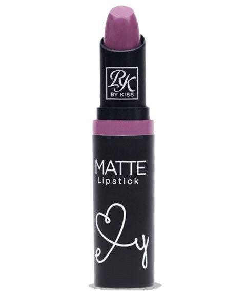 RK By Kiss Matte Lipstick RMLS27 Mauve IT showing the lipstick tube and swatched on lips with a matte mauve finish