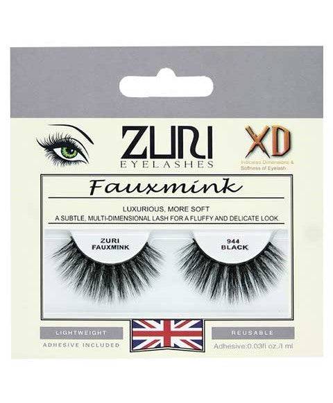 Close-up of Zuri Fauxmink Eyelashes 944 in black, showcasing full, voluminous eye makeup look with long, wispy lashes.
