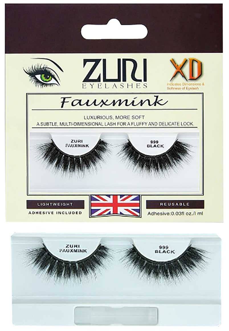 Close-up of Zuri Fauxmink Eyelashes 999 in black, featuring full, wispy eyelash design for eye makeup enhancement.