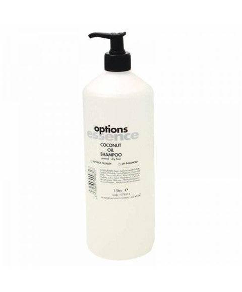 PBS Beauty Option Essence Coconut Oil Shampoo bottle with coconut-themed packaging, showcasing a nourishing hair care product.