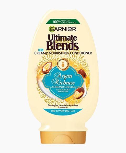 Garnier Ultimate Blends Argan Richness nourishing conditioner bottle, creamy texture, designed for nourishing hair care.
