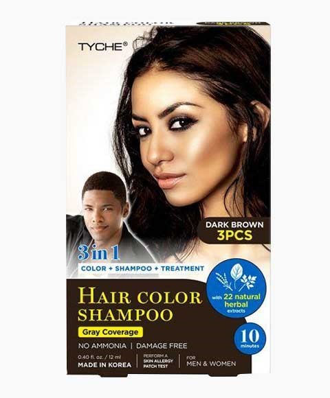 NICKA K NEWYORK Tyche 3-in-1 Hair Color Shampoo in dark brown, showing a bottle of hair shampoo with dark brown liquid inside.