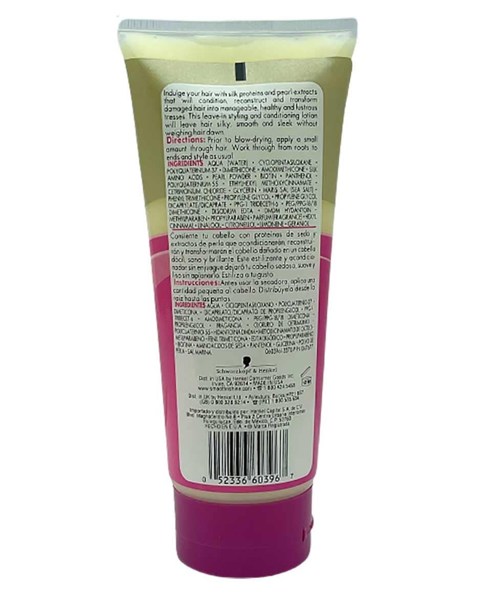 Schwarzkopf Smooth N Shine Silk Fusion Silkener hair styling product in a sleek bottle, designed to add shine and smoothness to hair.
