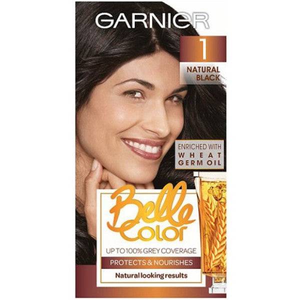 Garnier Belle Color creme permanent hair dye in natural black, showing the hair color application and product packaging.