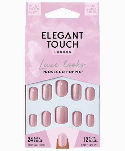 Elegant Touch Luxe Looks Prosecco Poppin Nails with glue, stylish artificial nail set with glitter and natural finish.
