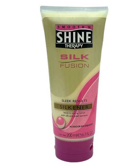 Schwarzkopf Smooth N Shine Silk Fusion Silkener hair styling product, showing the sleek bottle with silver and black design.