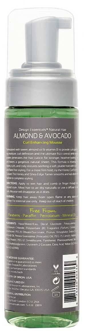 Design Essentials Natural Curl Enhancing Mousse bottle for hair styling, showcasing the product label and packaging.