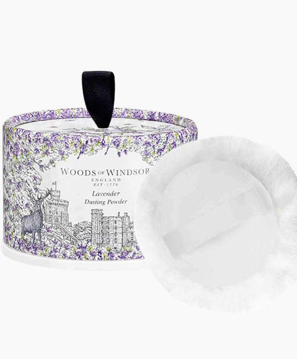Woods Of Windsor lavender dusting powder for face makeup, soft lavender-colored powder in a decorative jar.