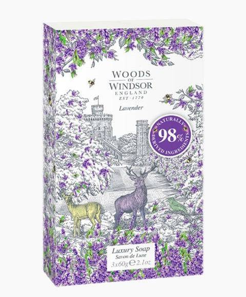 Lavender luxury soap in a skincare giftset from Woods Of Windsor, with lavender-scented soap bars and elegant packaging.