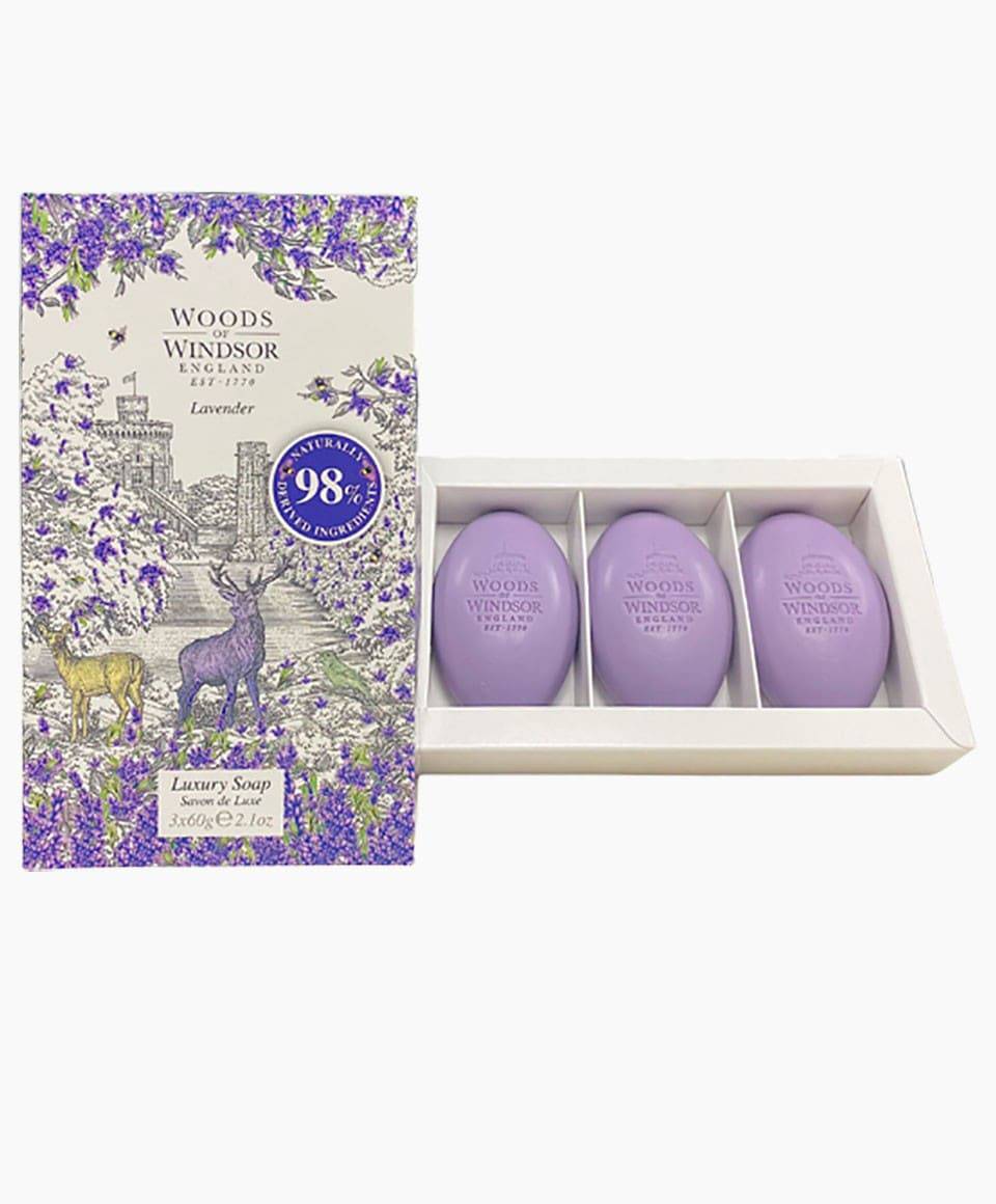 Lavender luxury soap from Woods Of Windsor skincare giftset, featuring a bar of lavender-scented soap on a decorative tray