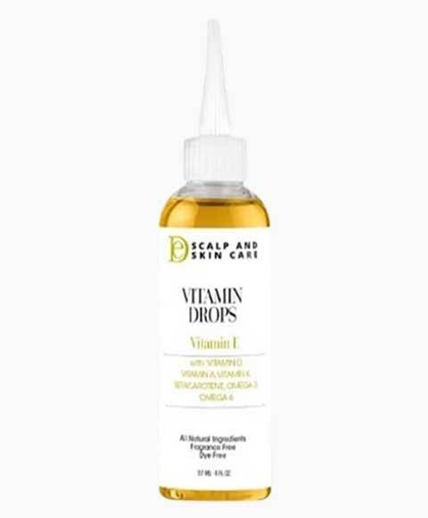 Design Essentials Vitamin Drops with Vitamin E for hair treatment, showing a dropper bottle of nourishing hair serum.