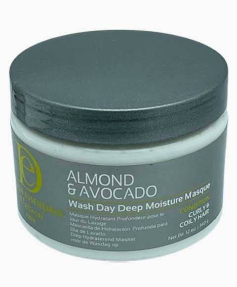 Design Essentials Almond and Avocado Hair Treatment masque for deep moisture, shown in a jar with almond and avocado ingredients.