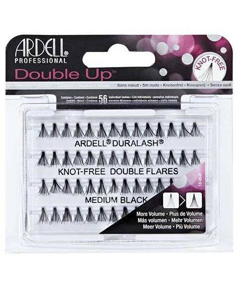 Ardell Double Up Knot Free Double Flares eyelash extensions in medium black, showcasing full, natural-looking lash clusters.