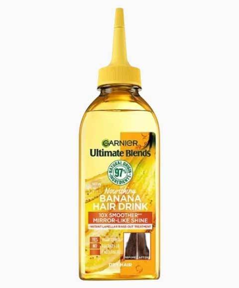 Garnier Ultimate Blends Nourishing Banana Hair Drink for dry hair, showing a bottle of hair moisturizer with banana extract.