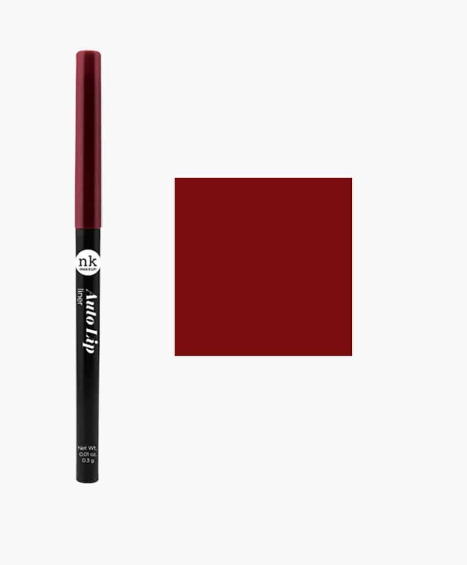 NICKA K NEWYORK NK Auto Lip Liner AA33 in dark red, close-up of the pencil with the lip makeup product and its packaging.