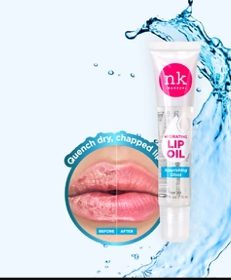 NICKA K Newyork NK Hydrating Lip Oil nourishing gloss applied on lips, emphasizing smooth, glossy, and moisturized lip care.